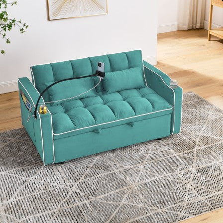 55.51 Inch Versatile Foldable Sofa Bed In 3 Lengths, Modern Sofa Sofa Sofa Velvet Pull Out Bed, Adjustable Back And With Usb Port And Ashtray And Swivel Phone Stand Green Full Antique Blue Green