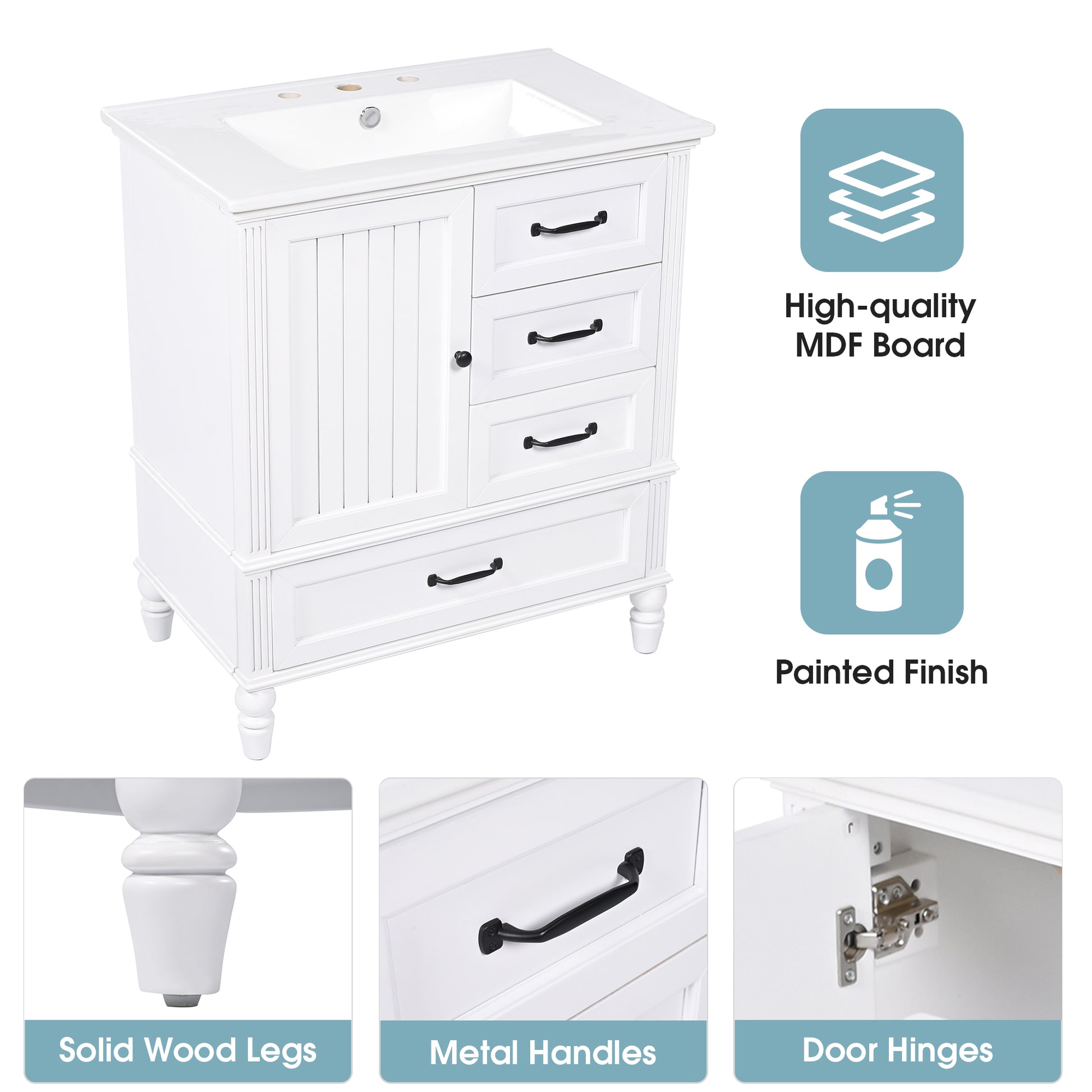 30" Bathroom Vanity With Sink, Bathroom Cabinet With A Door, Three Drawers, Solid Wood Legs & Mdf Board, Adiustable Foot Pads, White White Mdf