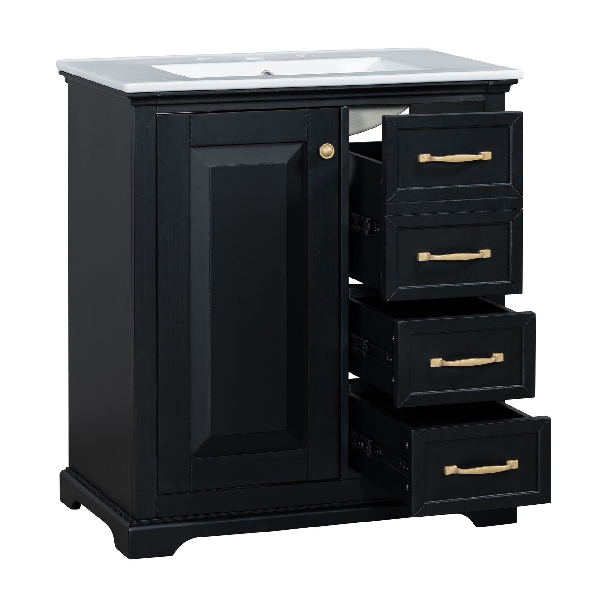 30" Bathroom Vanity With Sink, One Package, Black Bathroom Cabinet With Drawers, Solid Frame And Mdf Board Black Solid Wood Mdf