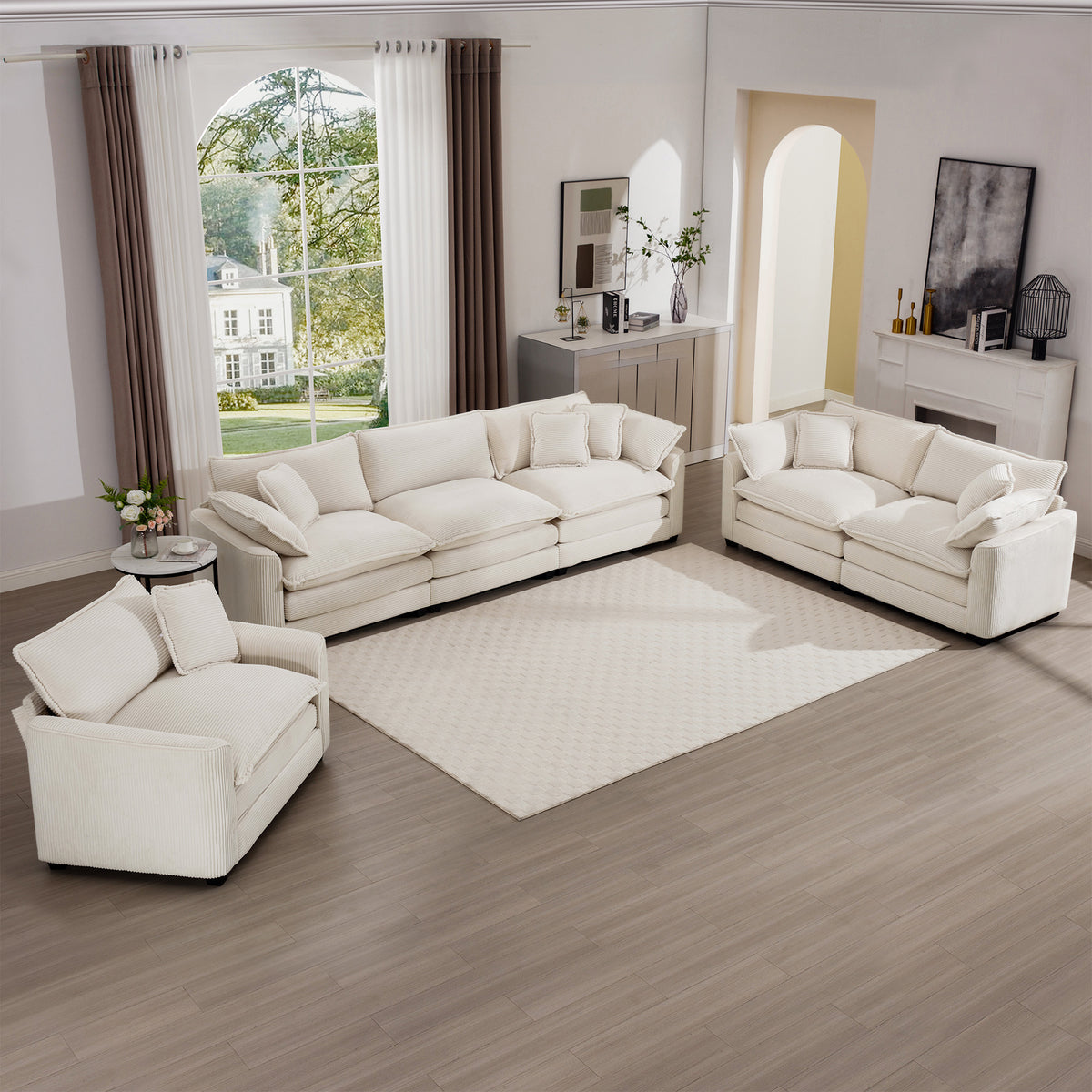3 Piece Sofa Set, Comfortable Oversized Sofa With One Single Sofa, One 2 Seater Sofa And One 3 Seater Sofa, Light Beige Corduroy Deep Seat Sofa Beige