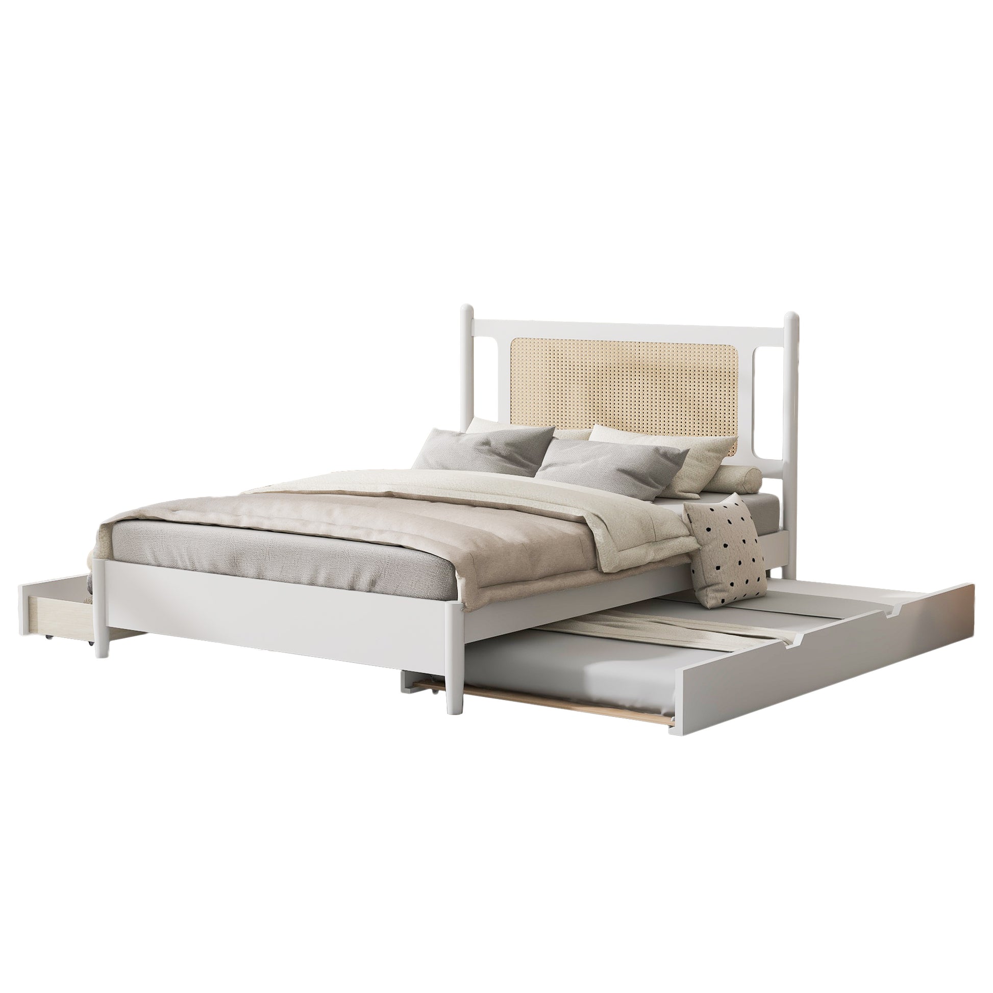 Queen Size Wooden Rattan Platform Bed, With 2 Big Drawers, T Size Trundle, White Queen White Plywood