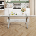 Dining Table. Modern Tempered Glass Dining Table. Large Modern Office Desk With Silver Plated Metal Legs And Mdf Crossbars, Suitable For Both Home And Office Use. Kitchen. 71 ''X35.4''X30 '' 1105 Transparent Glass