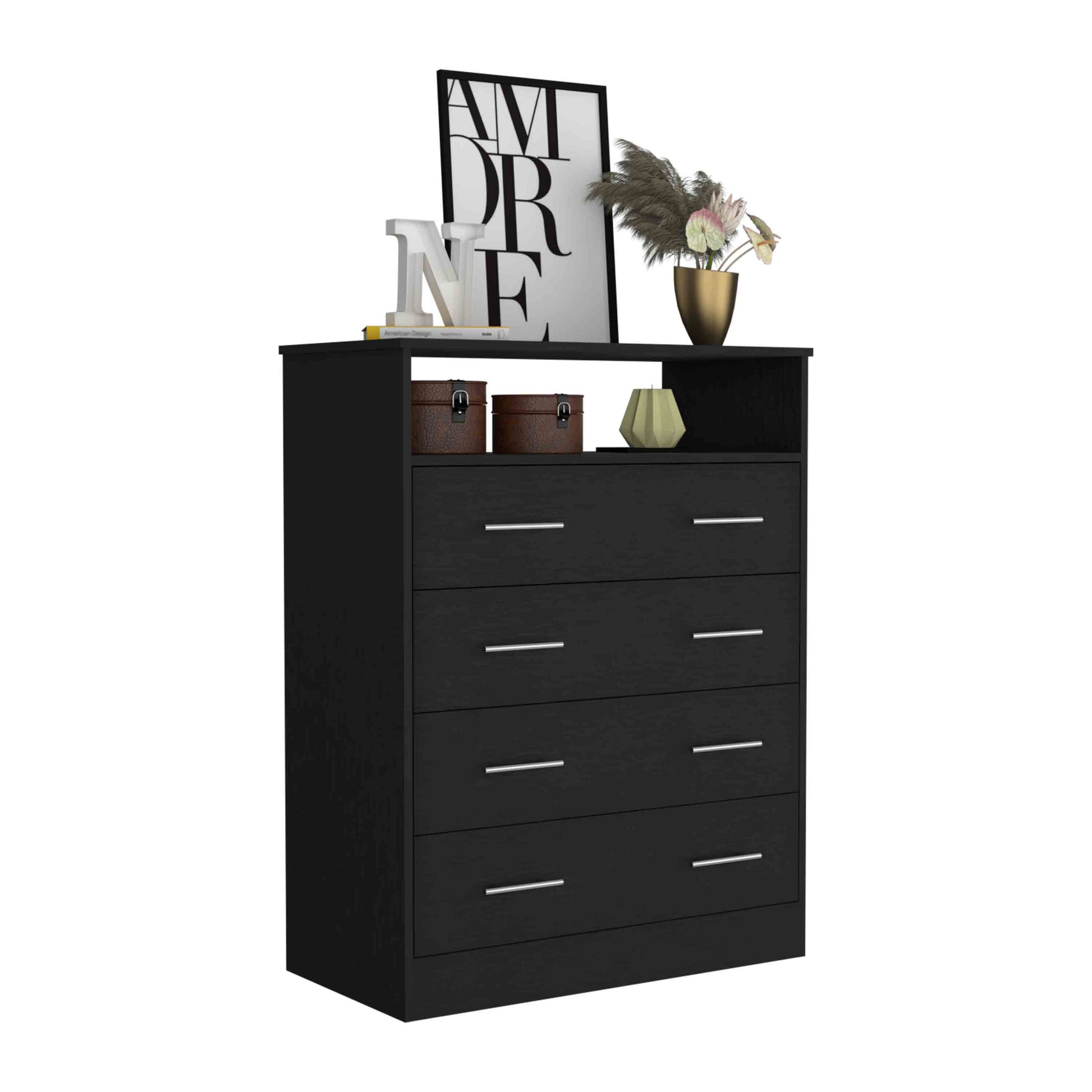 Four Drawer Dresser, Superior Top, One Open Shelf, Black Black Solid Wood Mdf Engineered Wood