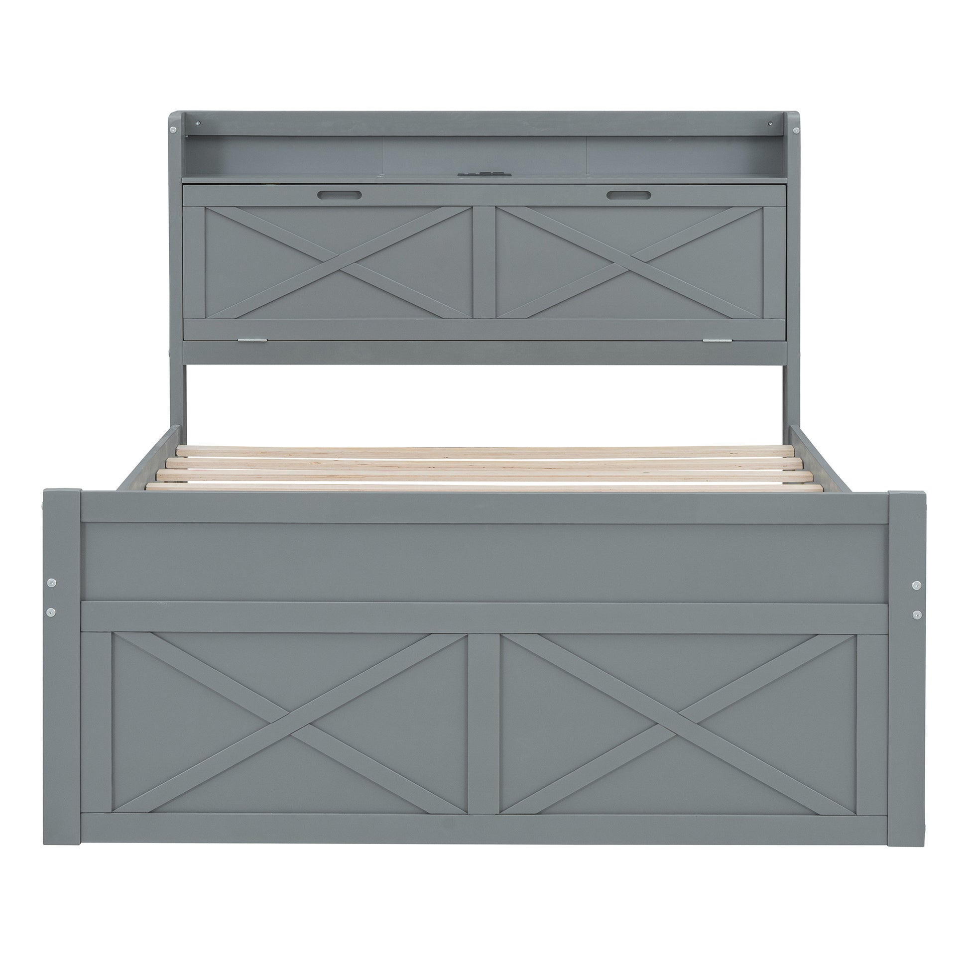 Full Size Wooden Bed With Storage Headboard With Outlets, Extendable Bed With Twin Size Trundle With Three Storage Drawers,Gray Full Gray Wood