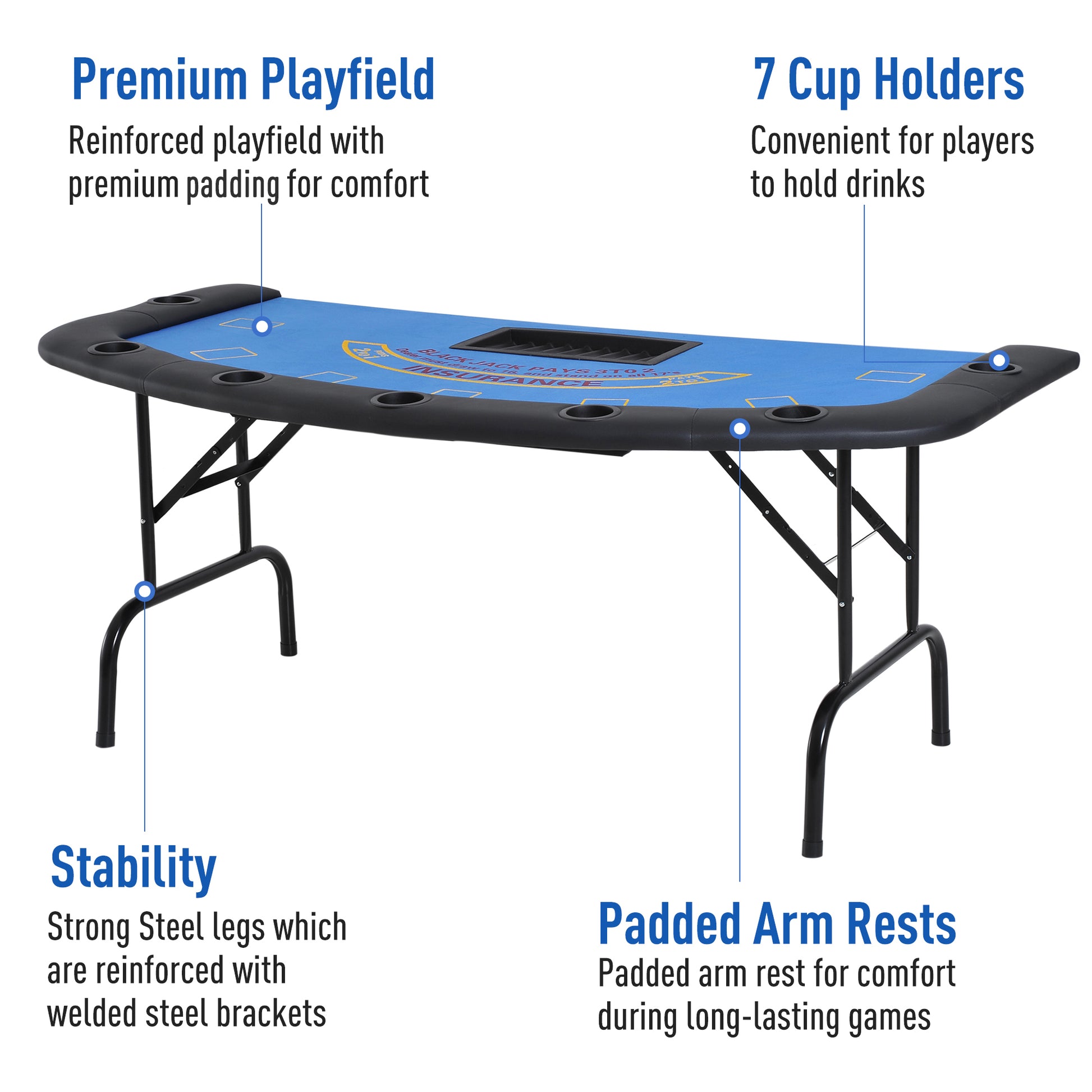 Soozier Poker Table Foldable, 72" Blackjack Table For 7 Players With Chip & Cup Holder, Blue Felt Blue Mdf Steel