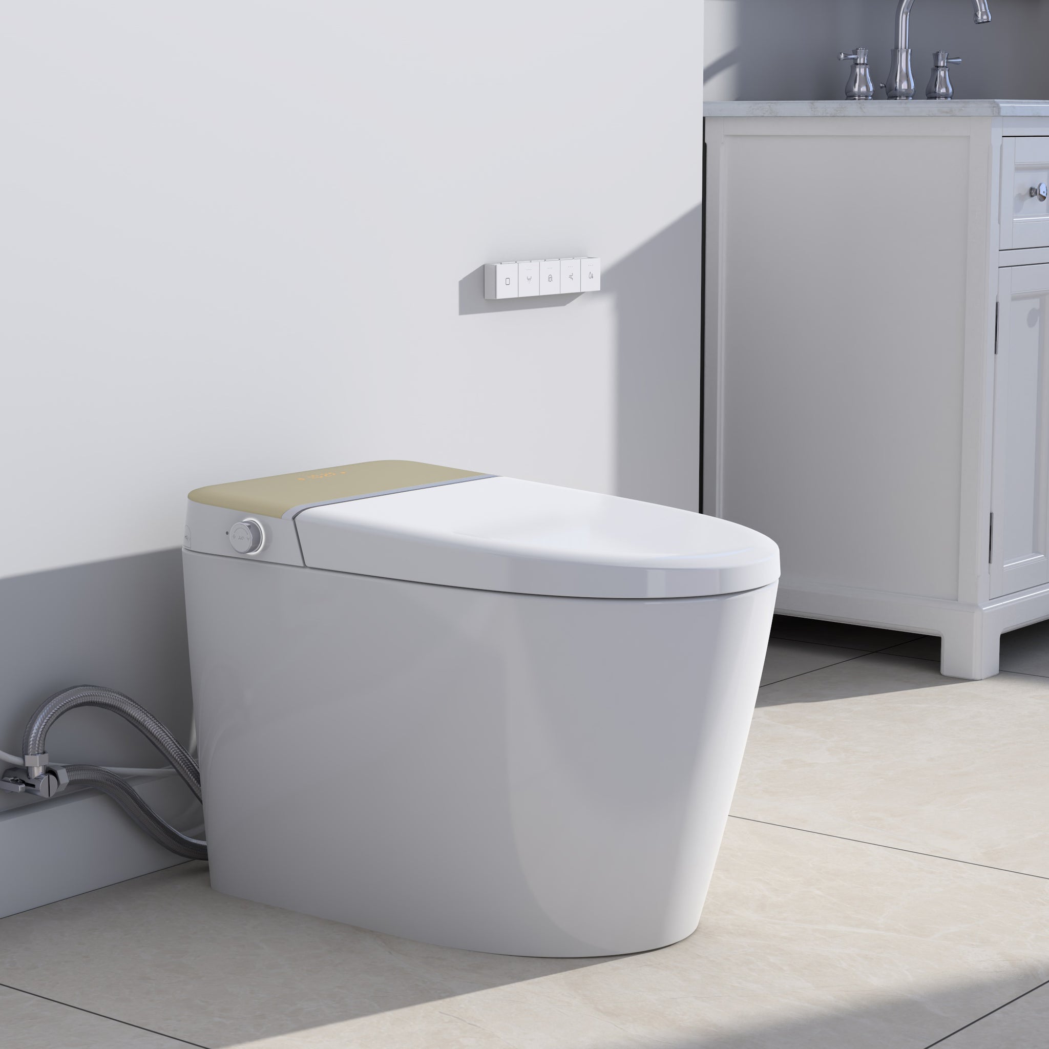 Smart Toilet With Built In Bidet Seat, Tankless Toilet With Auto Lid Opening, Closing And Flushing, Heated Seat, Digital Display, Remote Control, Elongated White Gold Bathroom Modern