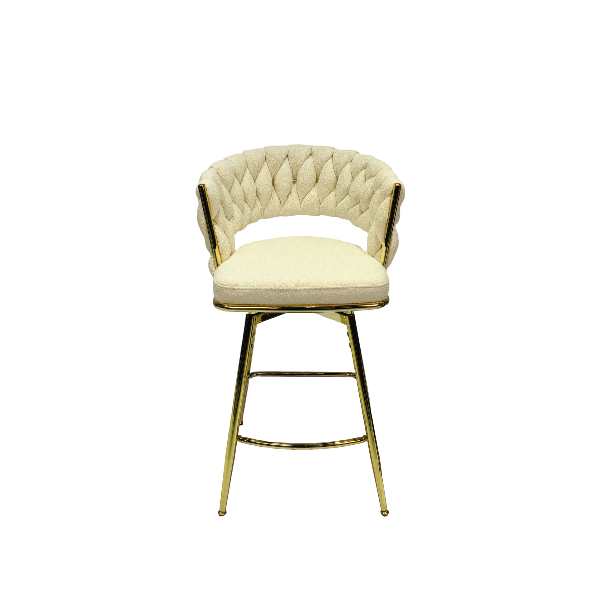 Bar Chair Toweling Woven Bar Stool Set Of 2,Golden Legs Barstools No Adjustable Kitchen Island Chairs,360 Swivel Bar Stools Upholstered Counter Stool Arm Chairs With Back Footrest, White White Foam Linen