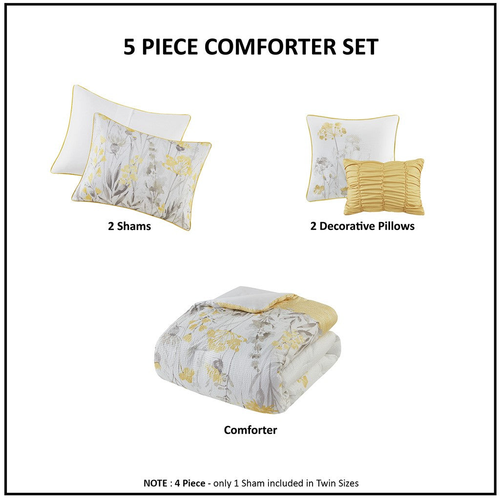 5 Piece Seersucker Comforter Set With Throw Pillows Yellow King Cal King King Yellow Polyester