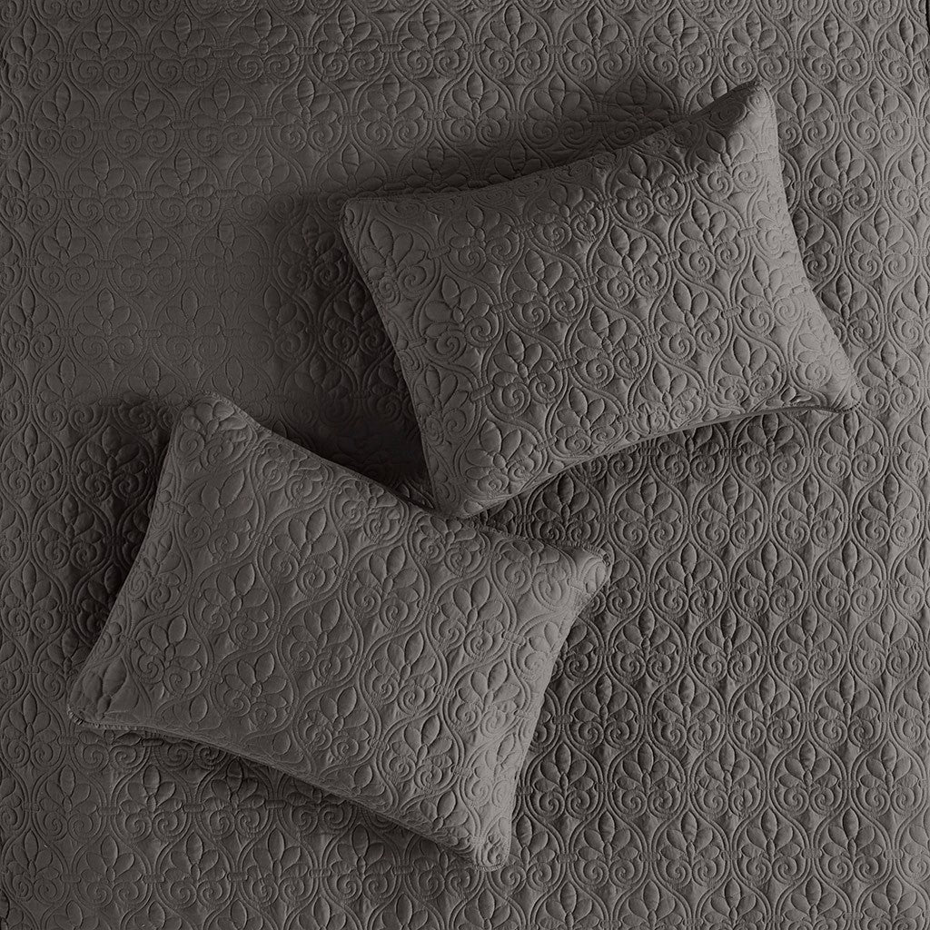 3 Piece Split Corner Pleated Quilted Bedspread Dark Grey King Dark Grey Polyester