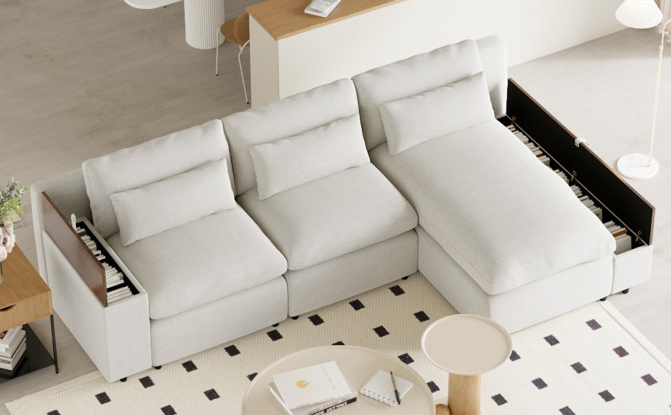 L Shaped Modular Sectional Sofa With Removable Back Cushions,3 Pillows And 2 Storage Spaces,Suitable For Living Rooms,Offices And Apartments Beige Polyester 3 Seat