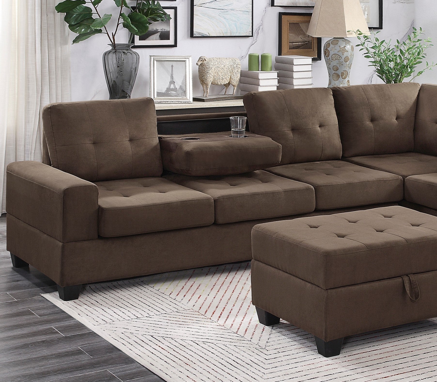 Modern Living Room 3 Piece Sectional Reversible Sofa Chaise Storage Ottoman Tufted Detail Brown Microfiber Upholstered Drop Down Cup Holder Solid Wood Frame Furniture Chocolate Microfiber Wood Primary Living Space Modern L Shaped Solid Wood 4 Seat