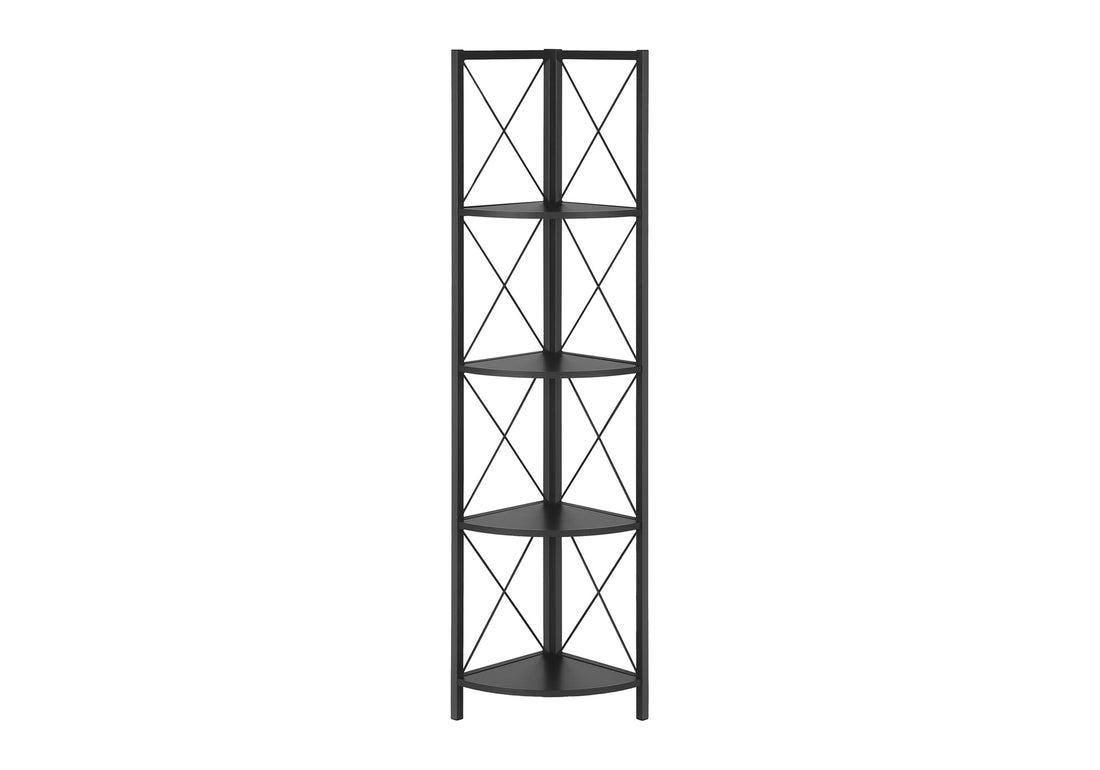 Bookshelf, Bookcase, Etagere, Corner, 4 Tier, 60"H, Office, Bedroom, Black Laminate, Black Metal, Contemporary, Modern Black Metal