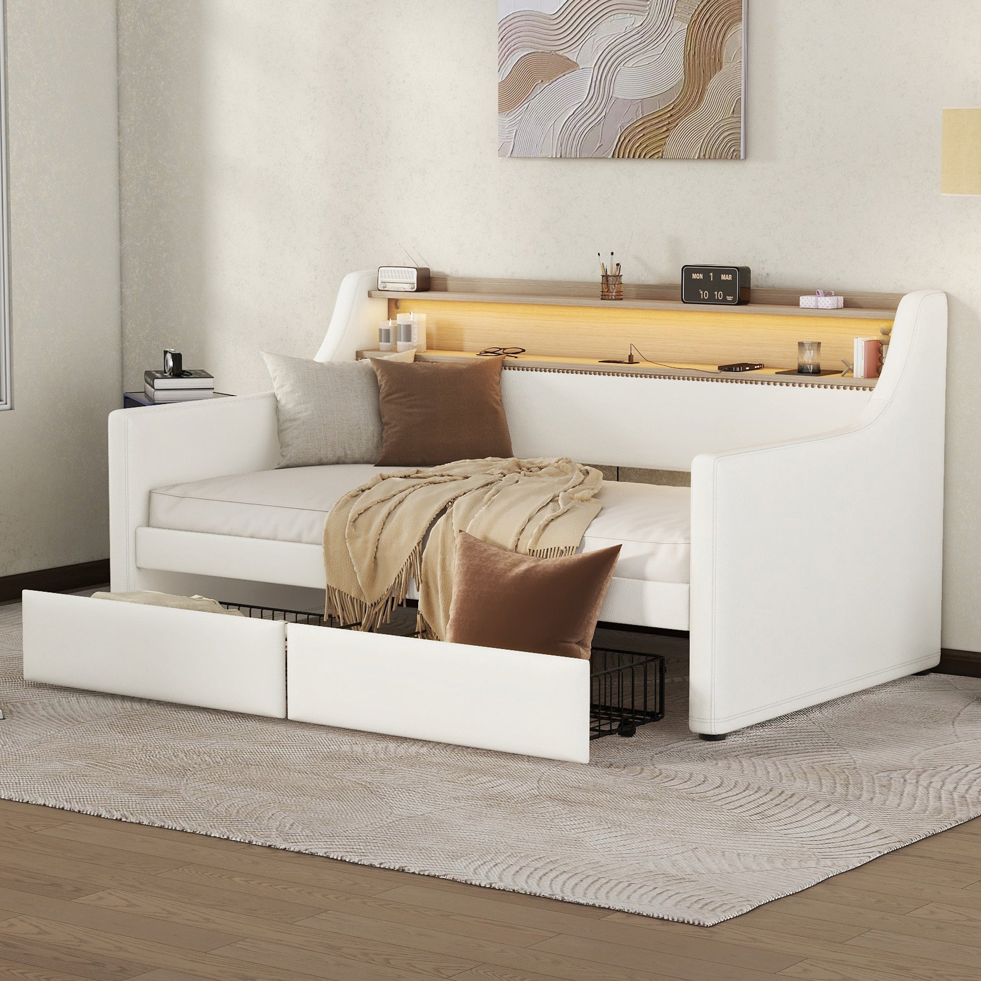 Twin Size Daybed With Drawers, Upholstered Daybed With Charging Station And Led Lights, White Old Item W1580S00021 Twin White Pu Leather