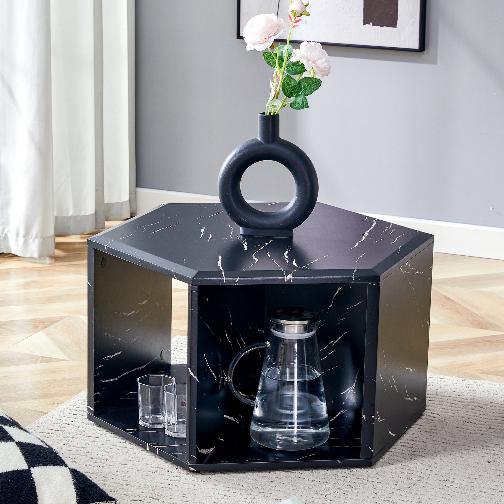 Hexagonal Mdf Coffee Table, Characteristic Pattern Stickers, Multi Hole Design To Give More Storage Space, Simple And Convenient Design Makes It Suitable For All Kinds Of Style Scenes. Black Mdf