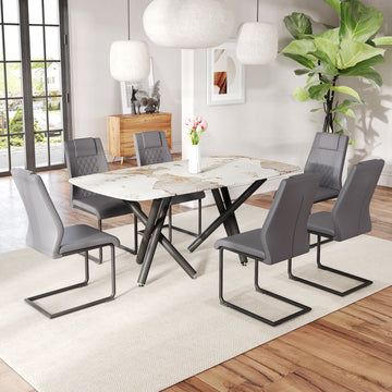 1 Table And 6 Chairs Set.A Rectangular Dining Table With A 0.39 Inch Imitation Marble Tabletop And Black Metal Legs.Paired With 6 Chairs With Pu Leather Seat Cushion And Black Metal Legs.F 1538,C 001 Black Gray Glass Metal