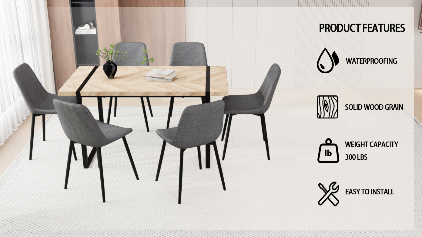 59" Mdf Light Wood Dining Table And Modern Dining Chair 8 Piece Set, Medieval Wooden Kitchen Dining Table Set, Rectangular Metal Base, Dining Table And Suede Chair Grey Buy 6 Chairs And Get 2 Free