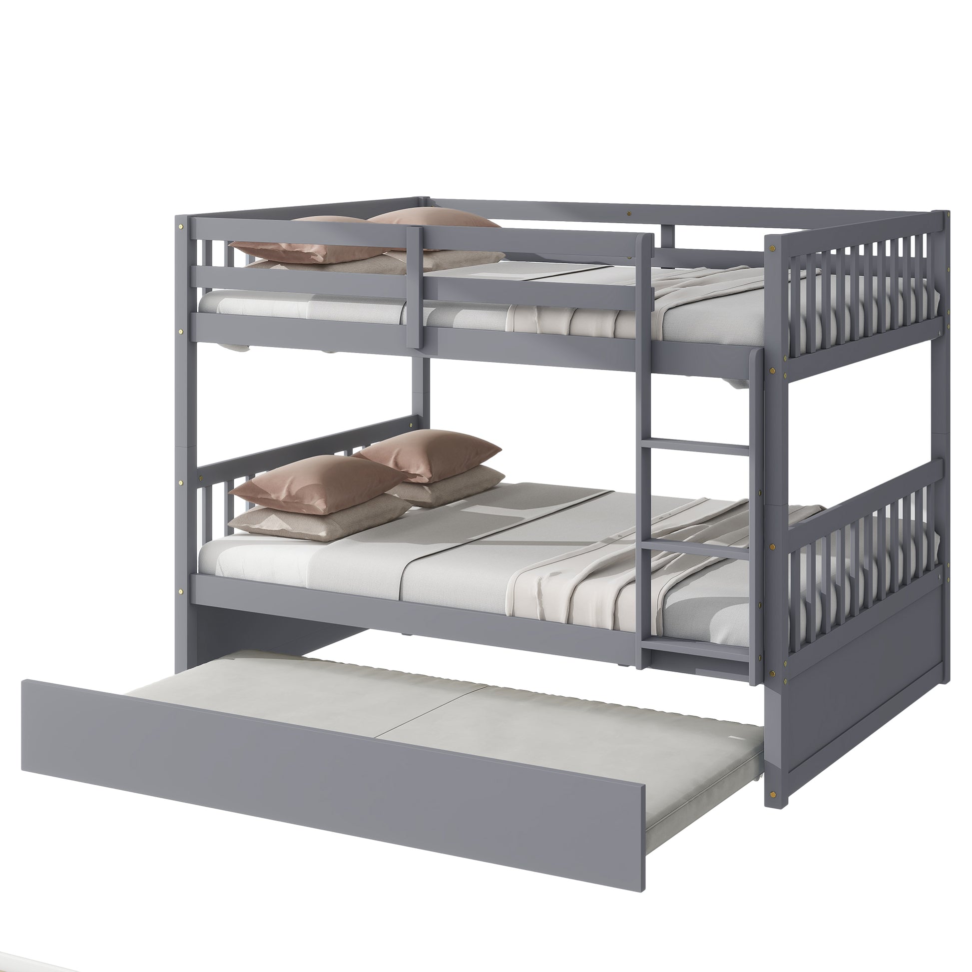 Full Over Full Rubber Wood Bunk Bed With Trundle, Ladder And Guardrails, Convertible To 2 Full Size Beds, With Twin Size Trundle ,Grey Full Grey Bedroom American Design Bed Frame Rubber Wood