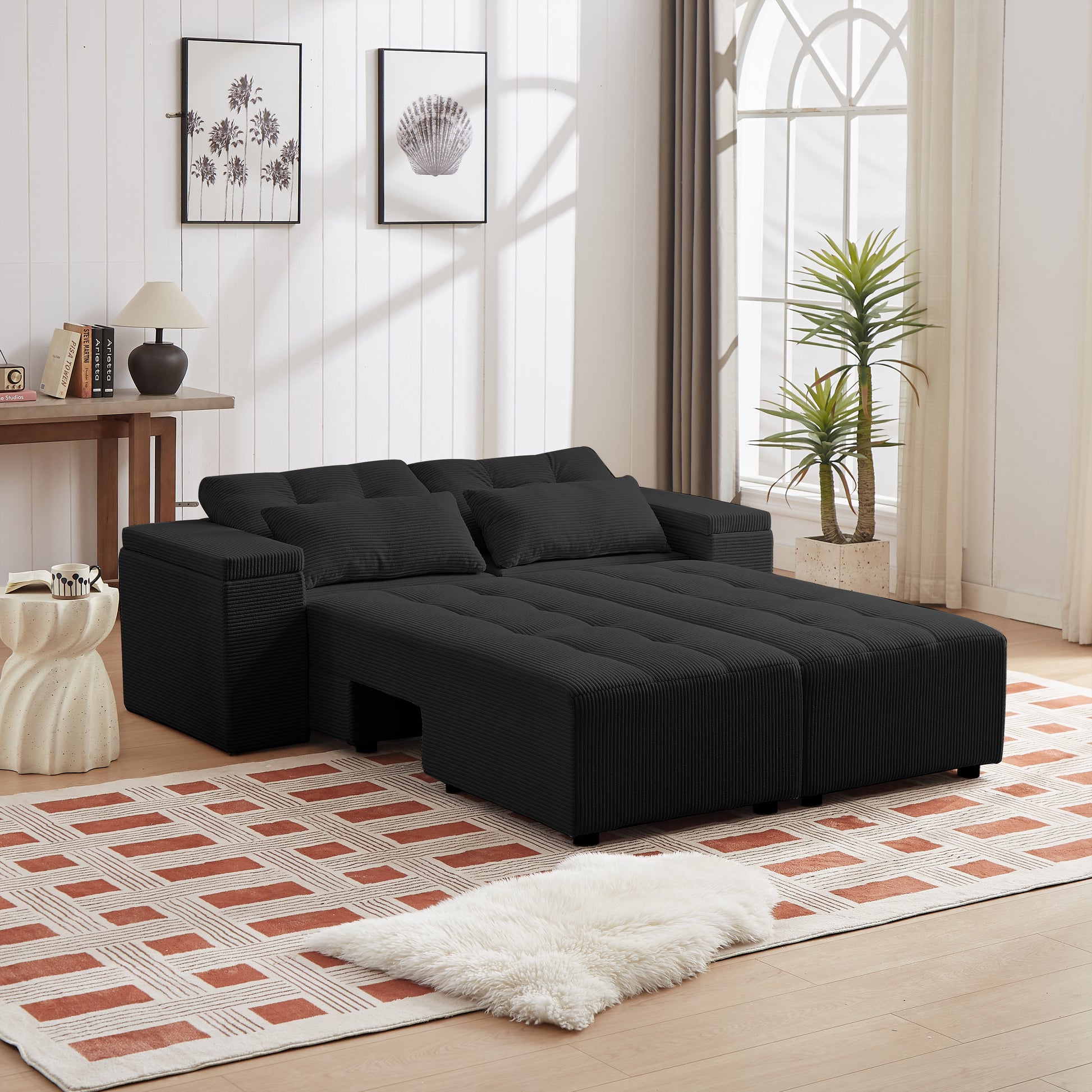 Convertible 3 In 1 Sleeper Sofa And Sectional Sofa With 4 Storage Space For Living Room,Corduroy Couch With 4 Pillows,Corduroy Black Corduroy 3 Seat