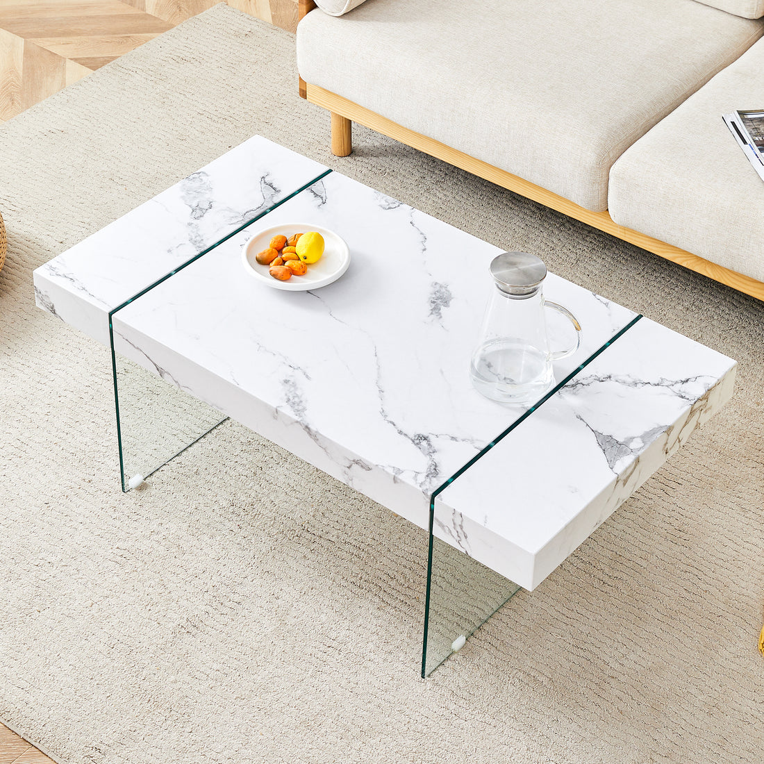 43.3"X23.6" White Marble Patterned Mdf Coffee Table With Tempered Glass Legs.Suitable For Living Room.It Can Be Used Not Only As A Coffee Table But Also As A Side Table Or Display Stand.