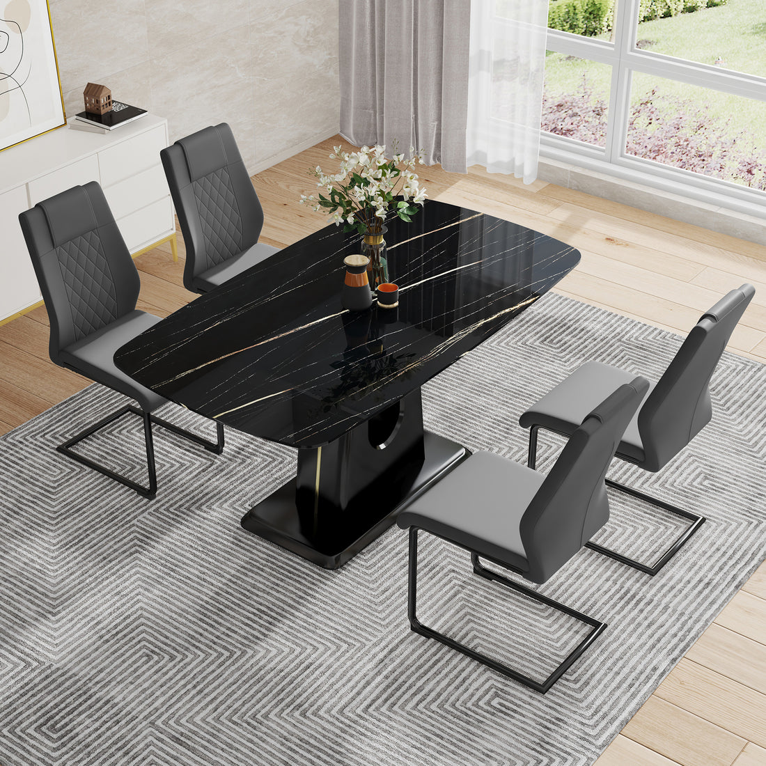 Table And Chair Set, Minimalist Dining Table, Imitation Marble Patterned Glass Tabletop, Mdf Legs With U Shaped Brackets. Paired With Comfortable Chairs, Suitable For Dining And Living Rooms. Black Mdf Glass