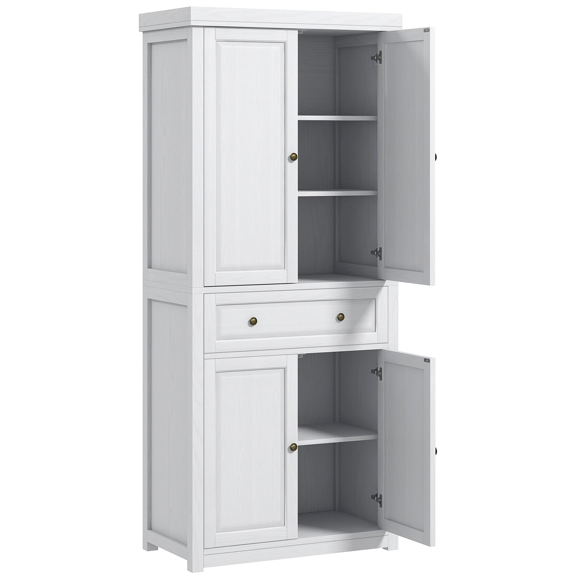 Homcom 72.5" Tall Farmhouse Kitchen Pantry Storage Cabinet, Freestanding Kitchen Cabinet With 4 Doors, Drawer And Adjustable Shelves For Dining Room, Distressed White White Mdf