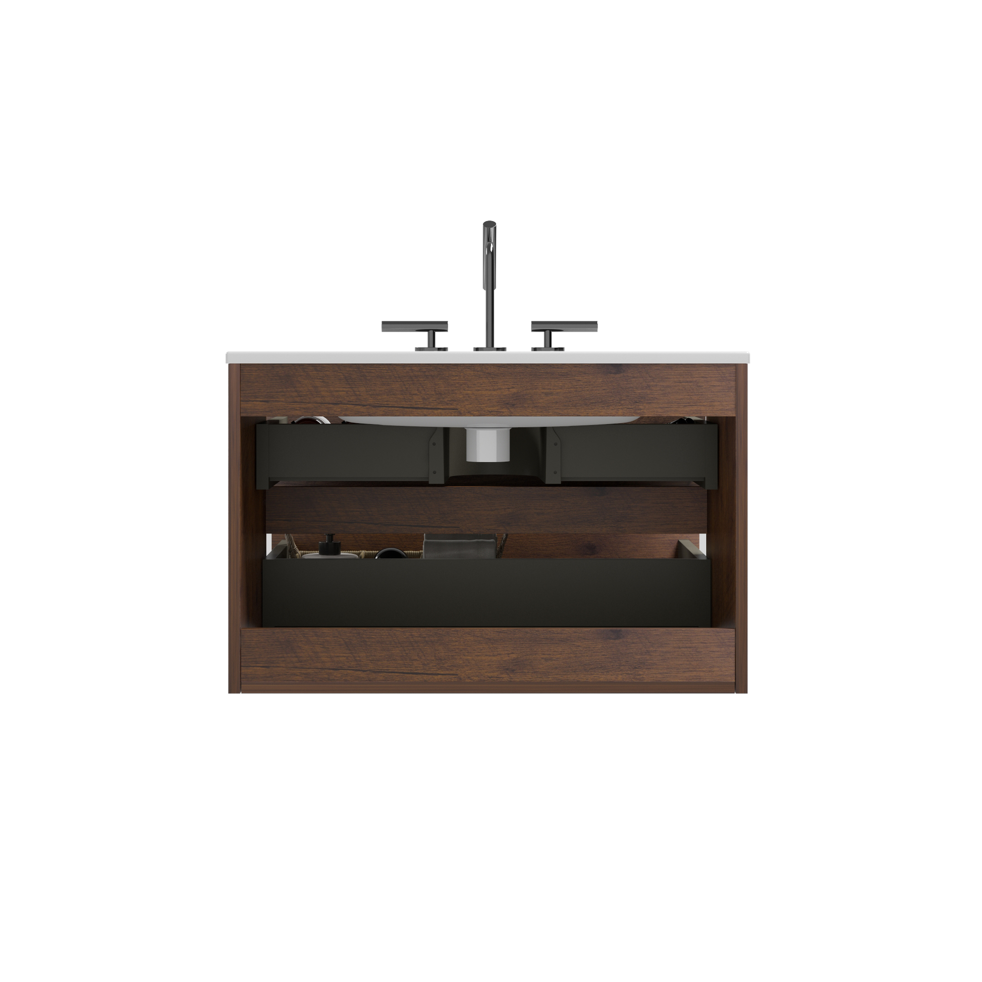 Wall Mount 30" Walnut Bathroom Vanity With Ceramic Sink With Three Faucet Holes, Large Storage Floating Bathroom Vanity For Modern Bathroom, One Piece Sink Basin Without Drain, Pre Assembled Walnut Bathroom Modern Ceramic Mdf