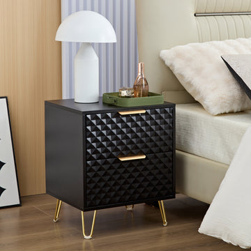 Black Nightstand,Luxury Carving Board 2 Drawer Night Stand Bed Side Table With Metal Legs, 20" Tall Wood Black Night For Bedroom, Living Room, Lounge 1 Pack Black 2 Drawers Bedroom American Design,American Traditional Particle Board Particle Board