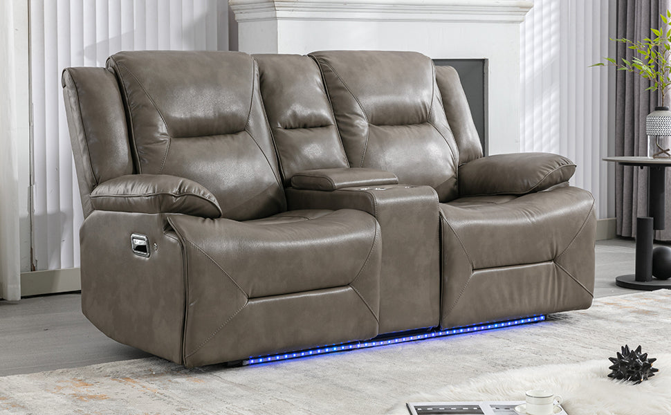 2 Seater Home Theater Recliner Manual Recliner Chair With A Led Light Strip Two Cup Holders And A Storage Box For Living Room,Bedroom, Grey Grey Foam Pu