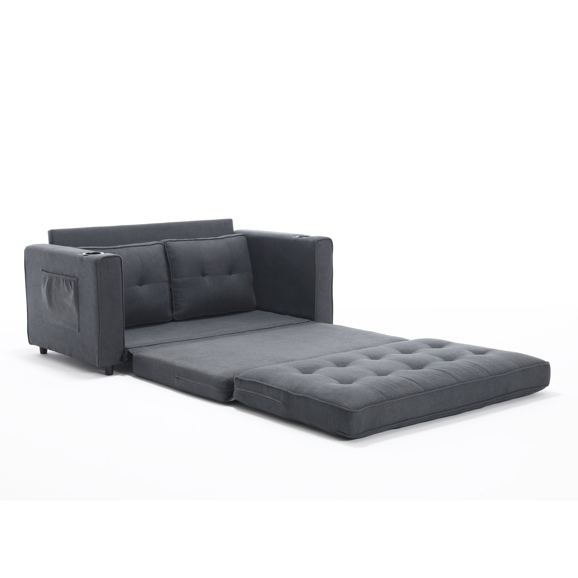 3 In 1 Upholstered Futon Sofa Convertible Sofa Bed,Foldable Tufted Loveseat With Pull Out Sleeper Couch Bed,Folding Mattres Beautiful Seat Daybed W Side Pockets And Cup Holder, Dark Gray Dark Gray Foam Fabric