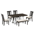 Traditional 6 Piece 78Inch Trestle Extendable Dining Table Set With One 18Inch Removable Leaf, Padded Dining Chairs And Bench,Distressed White Brown Wood Dining Room Solid Wood Rubberwood Rectangular Dining Table With Chair And Bench Upholstered Chair