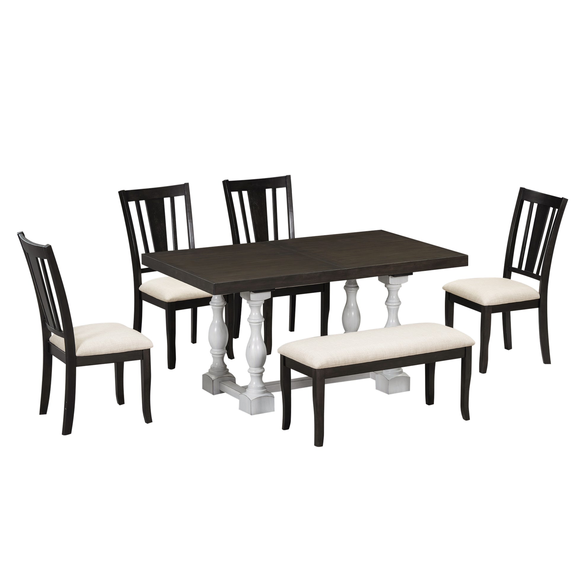 Traditional 6 Piece 78Inch Trestle Extendable Dining Table Set With One 18Inch Removable Leaf, Padded Dining Chairs And Bench,Distressed White Brown Wood Dining Room Solid Wood Rubberwood Rectangular Dining Table With Chair And Bench Upholstered Chair