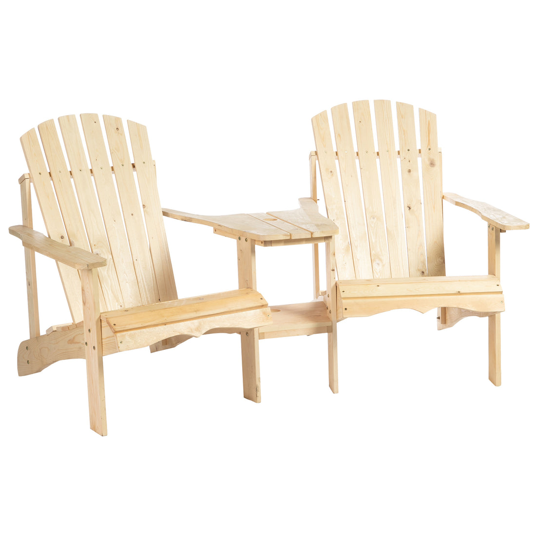 Outsunny Wooden Adirondack Chair For Two, Outdoor Fire Pit Chair Set With Table & Umbrella Hole, Patio Chairs For Deck Lawn Pool Backyard, Natural Natural Wood