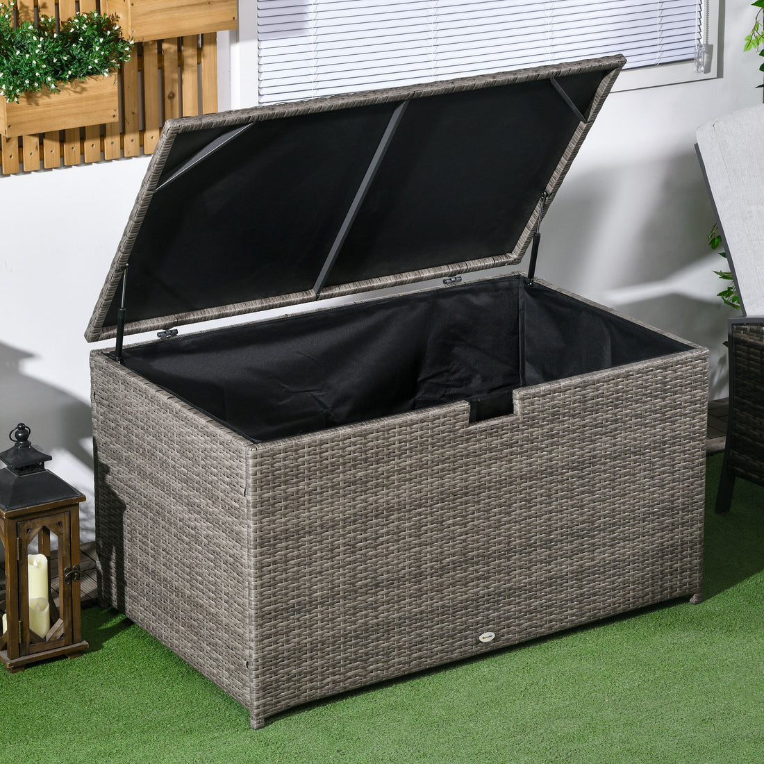 Outsunny 113 Gallon Deck Box, Rattan Outdoor Storage Box, Waterproof Storage Container For Indoor, Patio Furniture Cushions, Pool Toys, Garden Tools, Gray Grey Steel