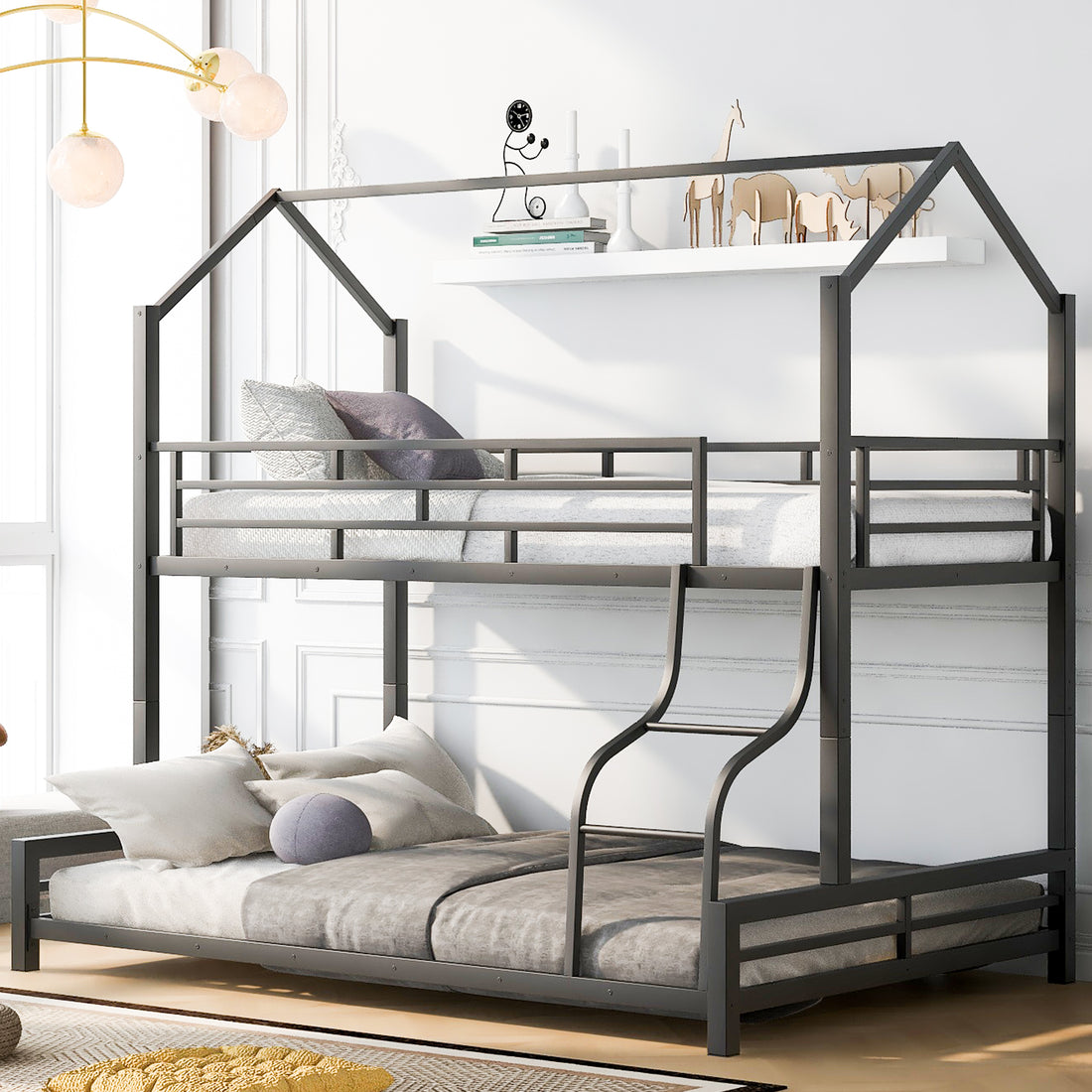 Metal House Bunk Bed, Twin Over Full, Black Full Black Metal