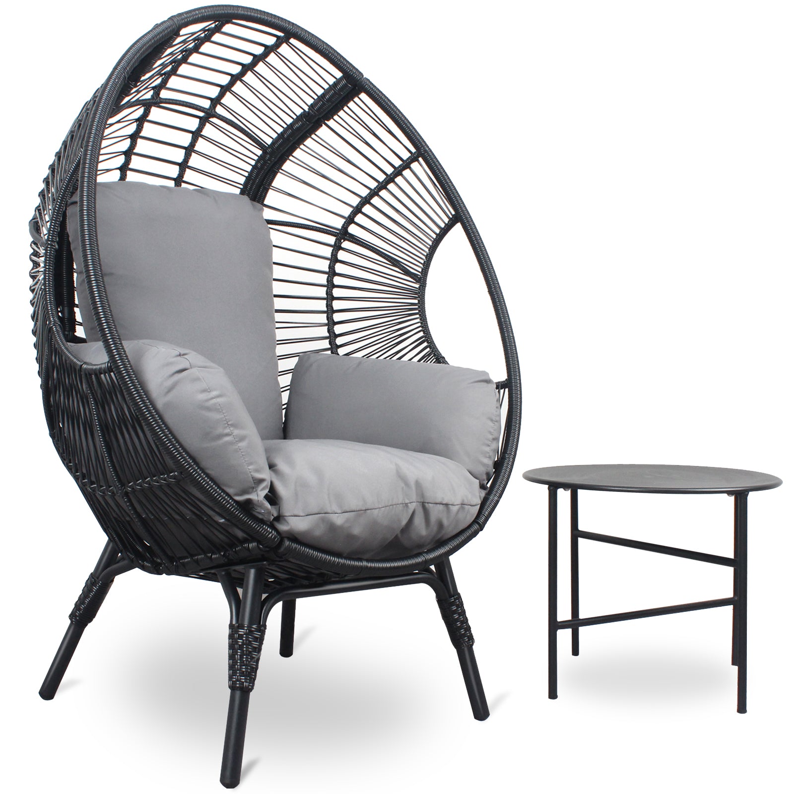 Patio Pe Wicker Egg Chair Model 2 With Black Color Rattan Grey Cushion And Side Table Yes Black Foam Steel