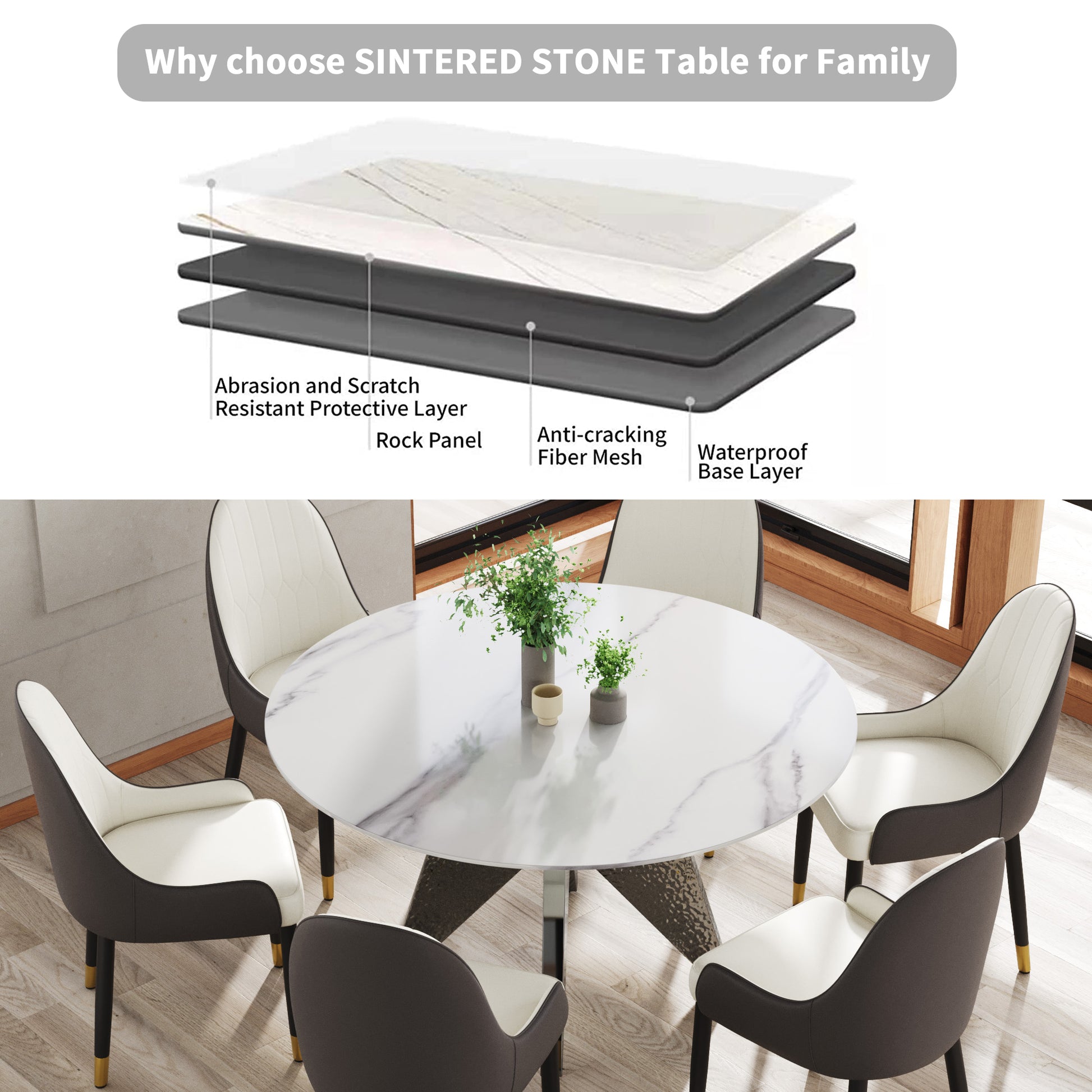 53" Round Marble Dining Table With Silver Stainless Steel Design Base, Artificial Marble For 6 People, Dining Room Living Room Kitchen Dining Table,White Dining Table Only Silver,White Dining Room