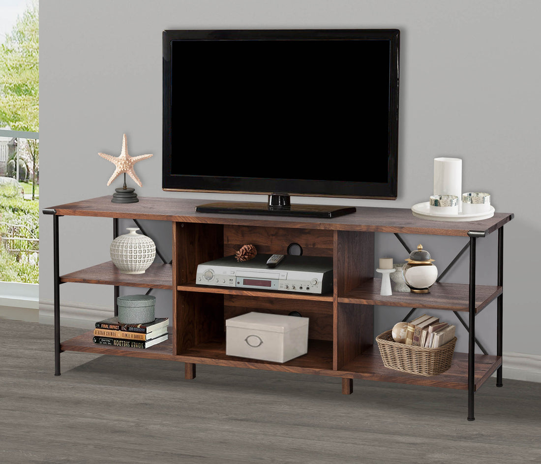 65" Tv Stand "Open Design Walnut Tv Stand With Cable Management And Adjustable Metal Feet" Walnut Solid Wood