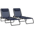Outsunny Folding Chaise Lounge Pool Chair Set Of 2, Patio Sun Tanning Chair, Outdoor Lounge Chair W Reclining Back, Pillow,Mesh & Bungee Seat For Beach, Dark Blue Blue Steel