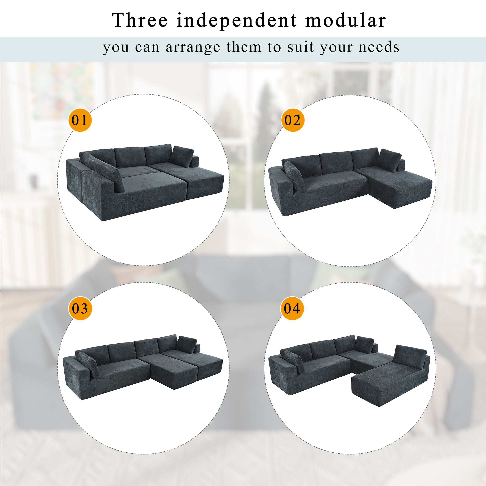 Modern Large Modular Sectional Sofa For Living Room, Bedroom, Salon, 3 Piece Free Combination Gray Polyester 3 Seat