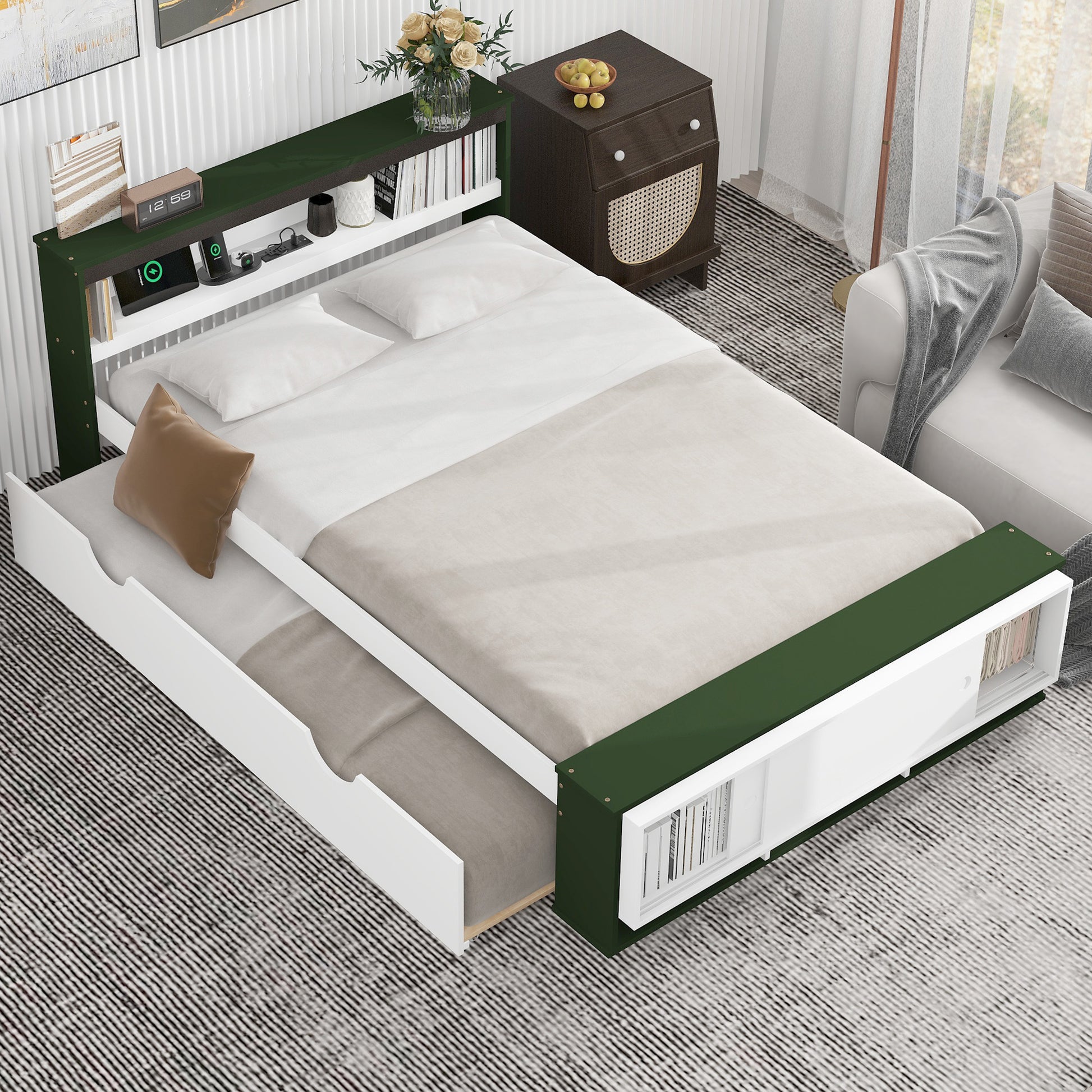 Full Size Platform Bed With Trundle,Storage Headboard And Footboard, Usb Charging Design,White Green Full White Green Solid Wood Mdf