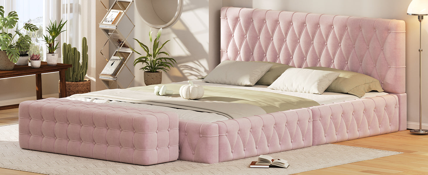 2 Pieces Bedroom Sets Queen Size Upholstered Bed With Rectangular Upholstered Ottoman For Bedroom,Pink Queen Pink 2 Piece Set Solid Wood Mdf