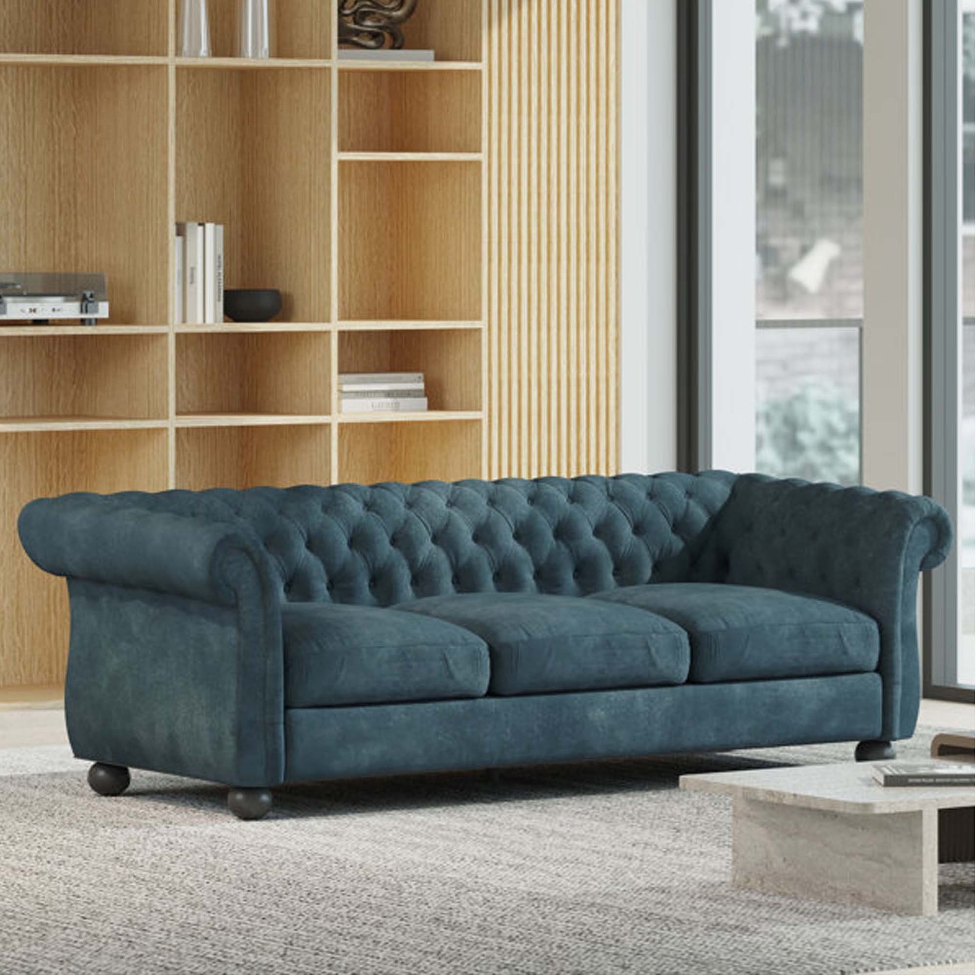 Mirod Comfy 3 Seat Sofa With Wooden Legs, For Living Room And Study Blue Fabric 3 Seat