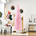 Homcom 7' Artificial Pencil Christmas Tree, Slim Xmas Tree With 499 Realistic Branch Tips And Plastic Stand, Pink Pink Polyvinyl Chloride