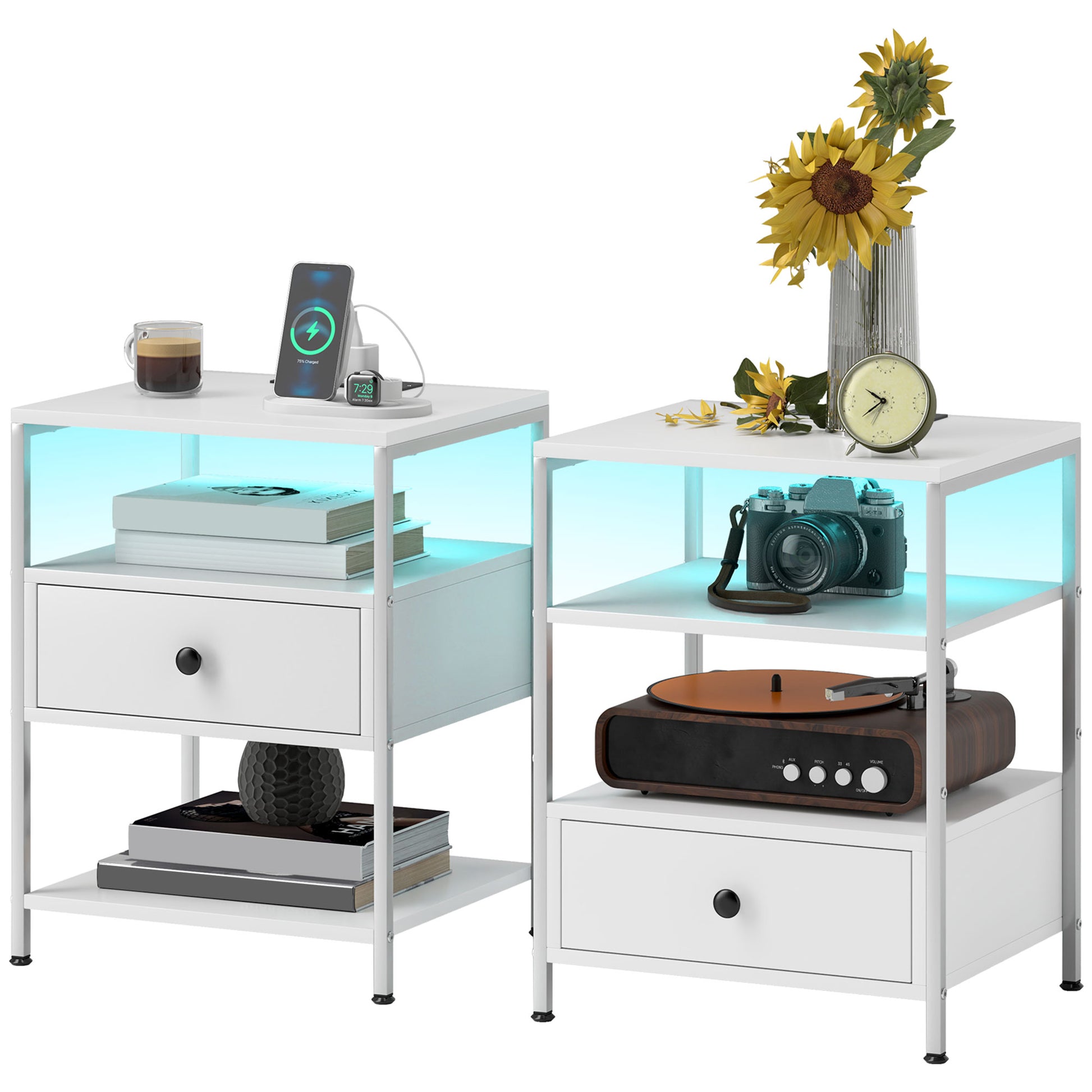 Homcom Set Of 2 End Tables With Charging Stations And Led Lights, 3 Tier Side Tables With Usb Ports And Outlets, Drawer And Shelves For Living Room, White White Particle Board