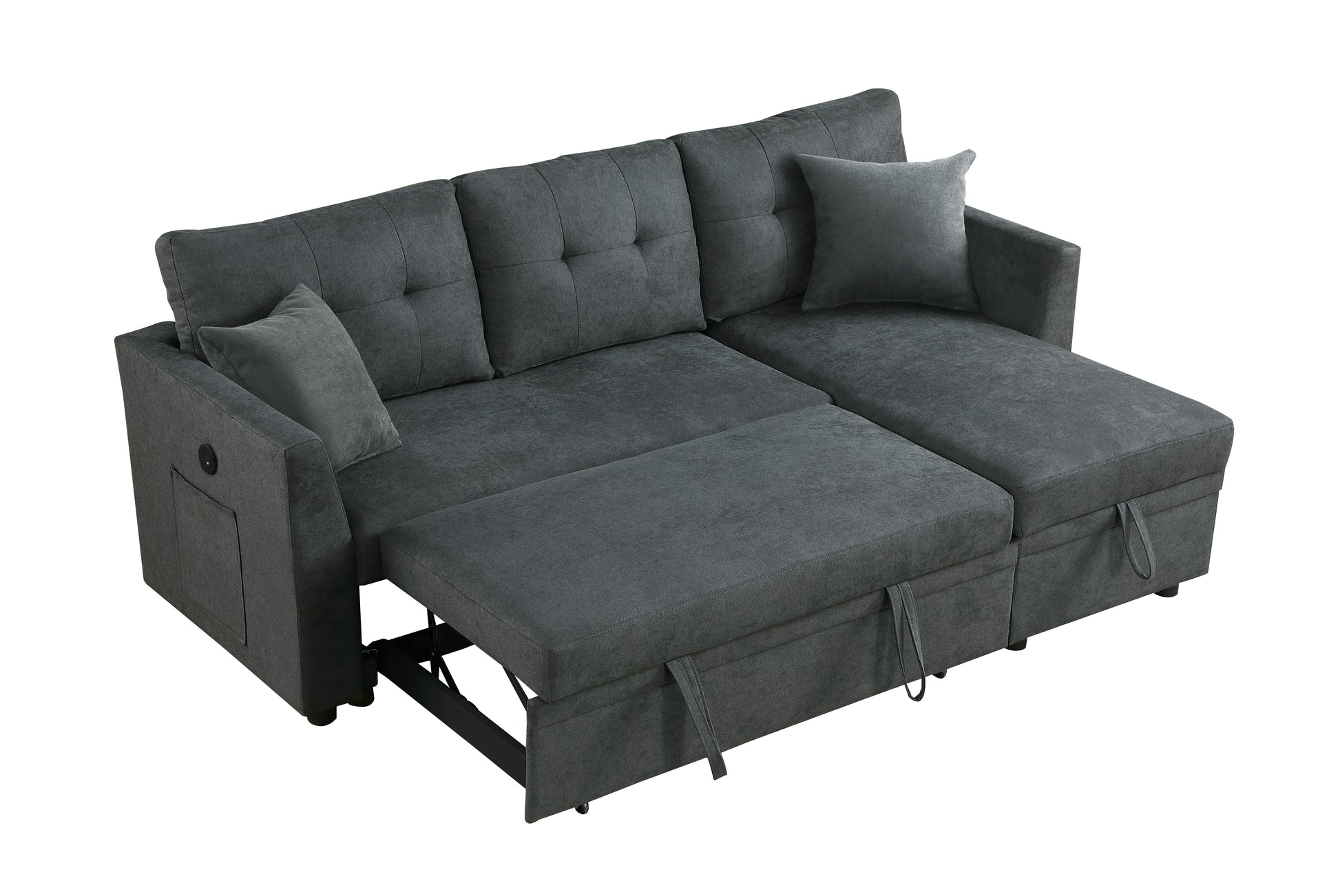 Sectional Sofa Bed L Shaped Sofa Couch Bed With Usb Port, Reversible Sofa Couch Sleeper With Pull Out Bed, Chaise With Storage, Pull Out Couch For Living Room Gray Velvet 3 Seat