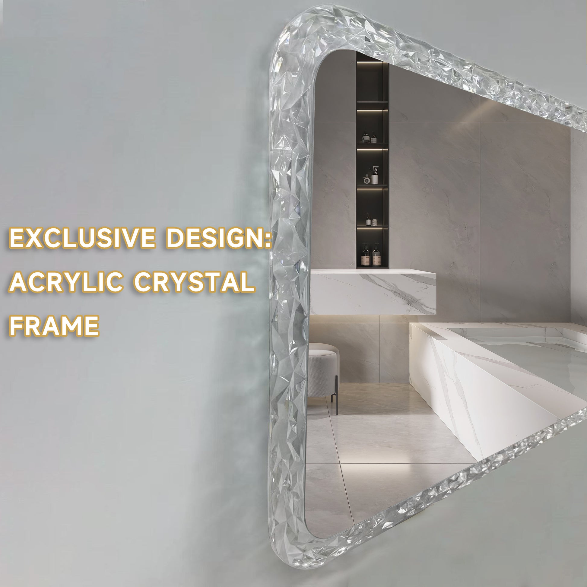 38.5X25 Inches Bathroom Mirror With Led Lights, Smart Mirror With Anti Fog And Adjustable Brightness Function, Wall Mount Makeup Mirror With Crystal Acrylic Frame Transparent Glass Acrylic