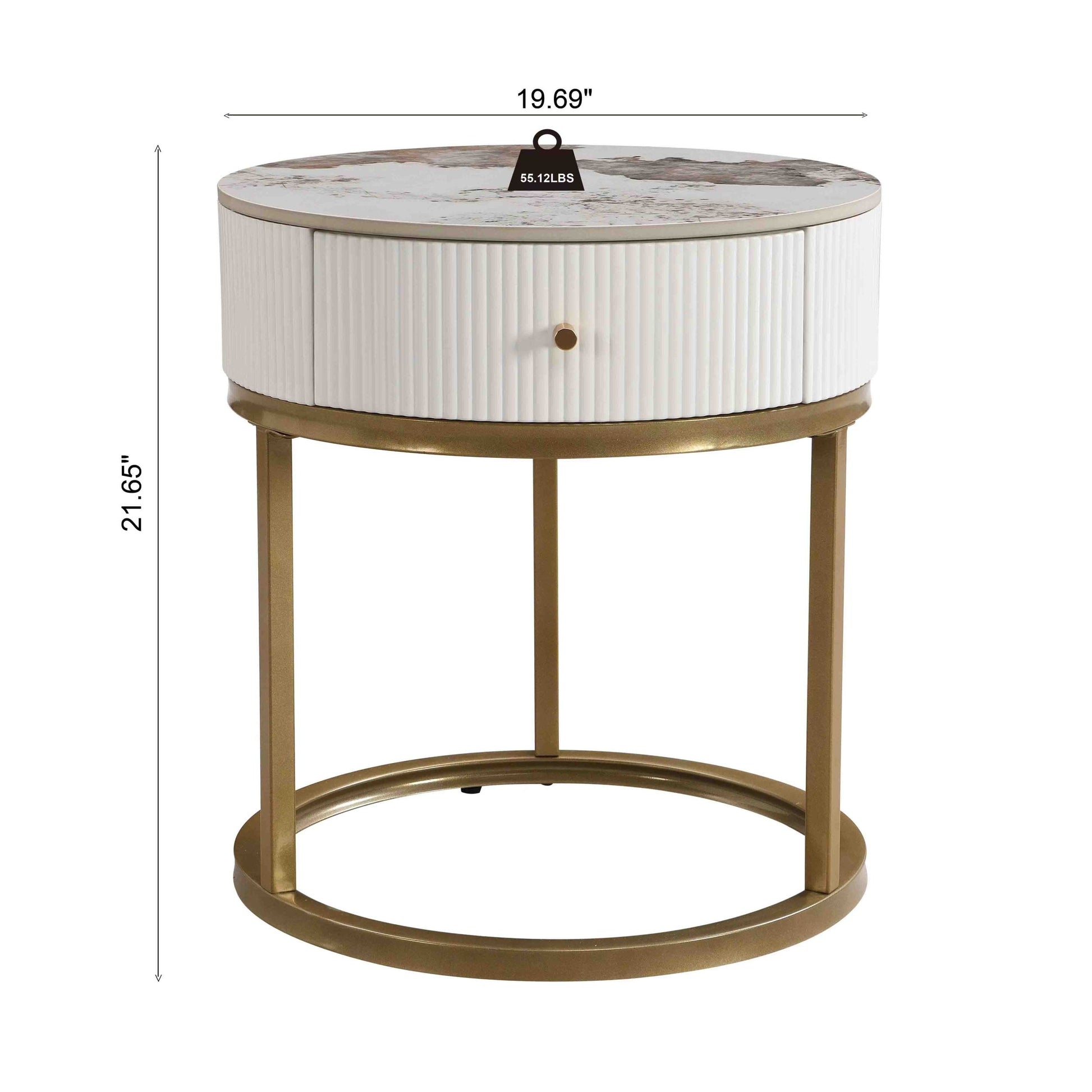 19.68 Inch Modern Nightstand With Drawer, Marble Round End Table With Storage, Side Table For Living Room&Bedroom White Coffee & End Tables Iron