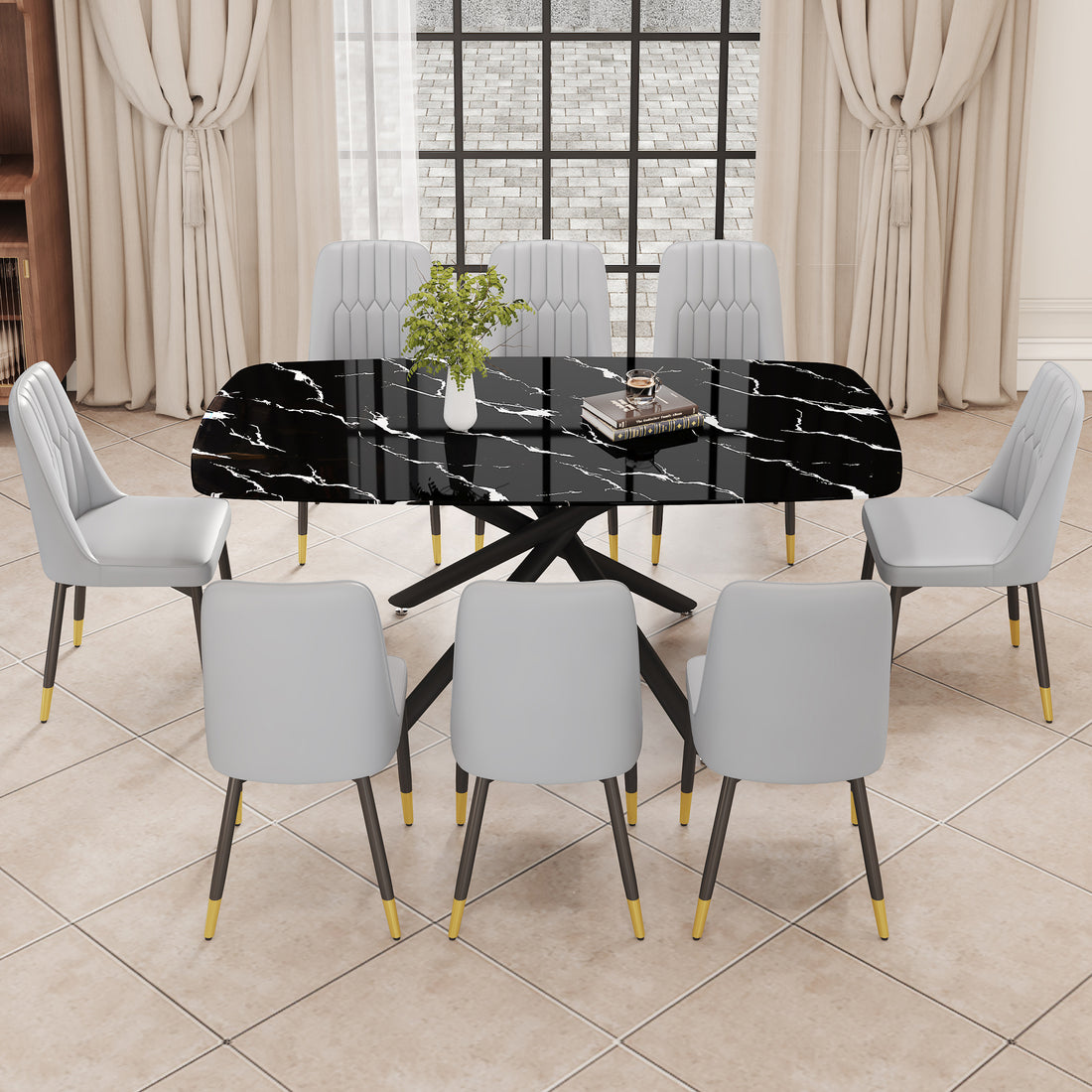 1 Table And 8 Chairs Set.A Rectangular Dining Table With A Imitation Marble Black Table Top And Black Metal Legs.Paired With 8 Chairs With Pu Leather Seat Cushion And Black Metal Legs.F 1537,C 007 Grey Glass Metal