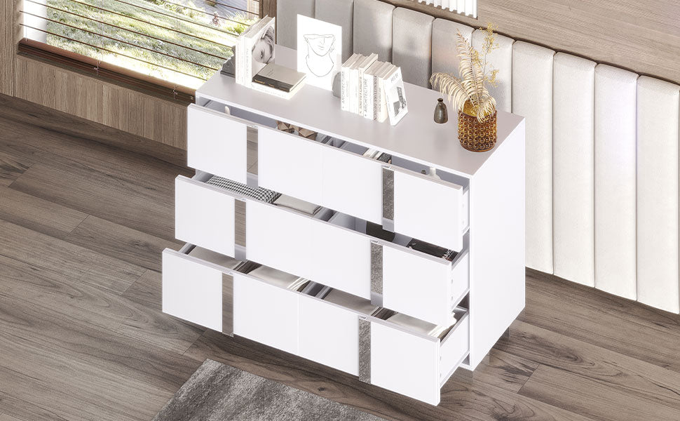 Elegant Modern Dresser With Metal Handle,Mirrored Storage Cabinet With 6 Drawers For Bedroom,Living Room,White White Mdf Metal