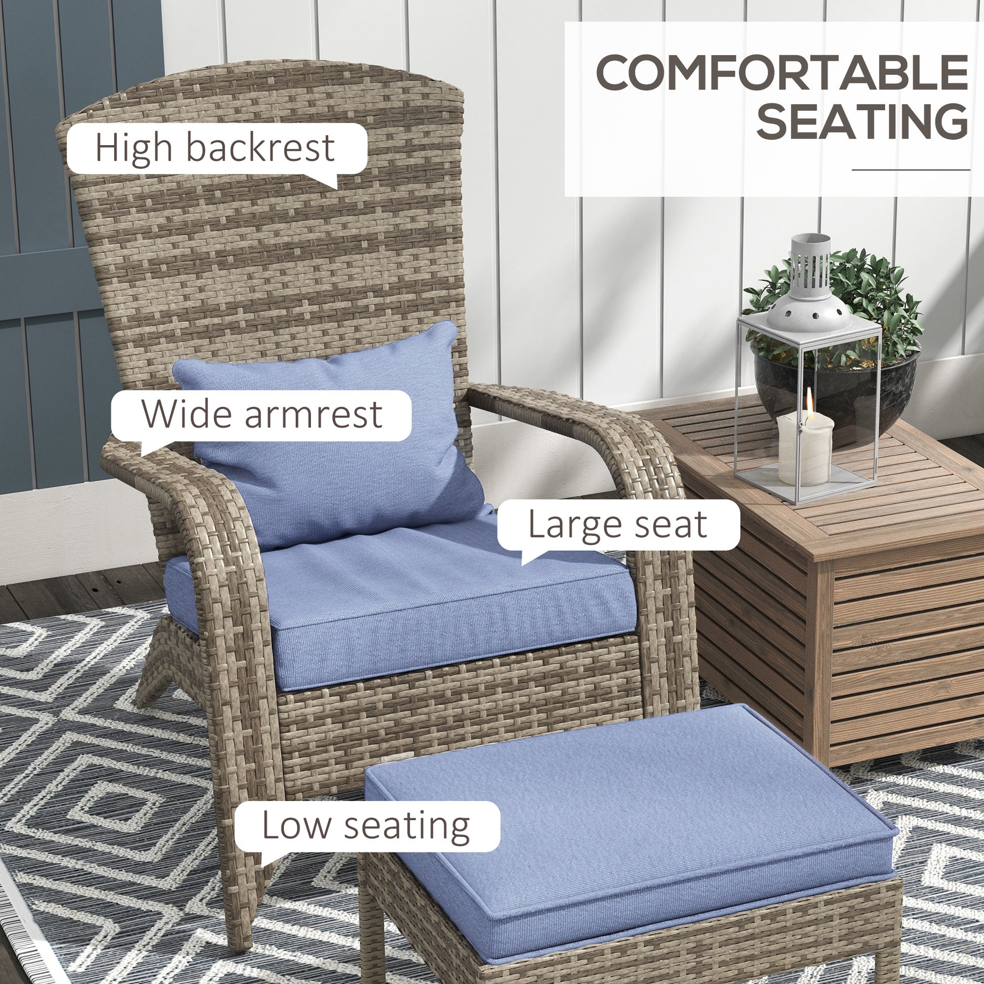 Outsunny Patio Wicker Adirondack Chair With Ottoman, Outdoor Fire Pit Chair With Cushions, High Back, Large Seat & Armrests For Deck, Garden & Backyard, Gray Gray Steel